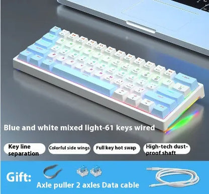 Small white 61-key mechanical keyboard with hot-swappable sockets and a black USB cable.