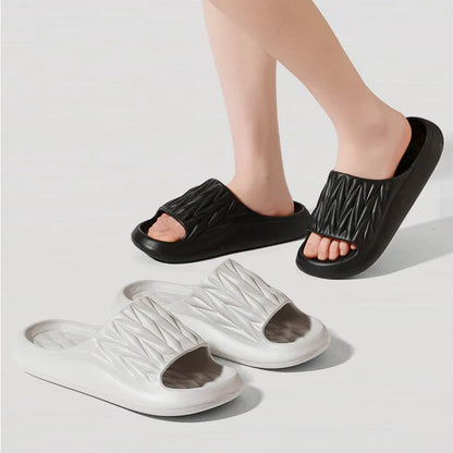 Leaf texture pattern EVA slippers in various colours showing non-slip sole design
