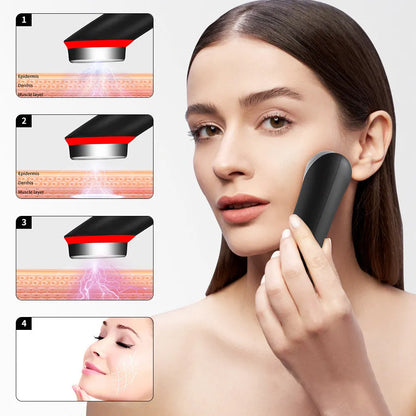 Black eye massager device for facial red and blue light therapy with 7 colour vibration settings.