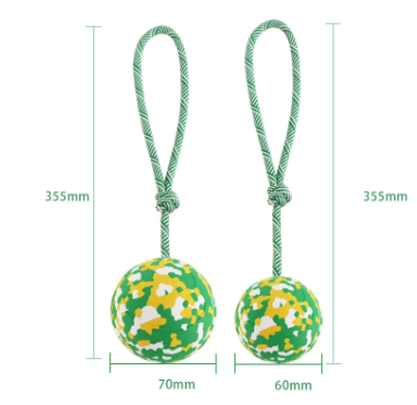 Dog ball on rope toy with solid natural rubber ball and nylon rope for interactive play