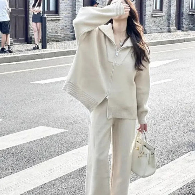 Knitted zipper cardigan and wide leg pants two-piece set in solid colour with collage stitching details