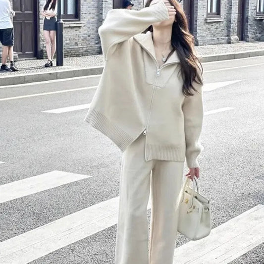Knitted zipper cardigan and wide leg pants two-piece set in solid colour with collage stitching details