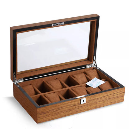 Matte wood grain lock watch storage box with 5 slots, brown color