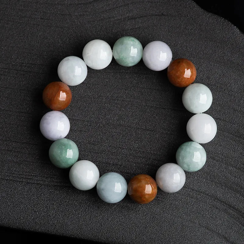 Women's natural jade bracelet with 13mm round beads showing three colours, national style design.