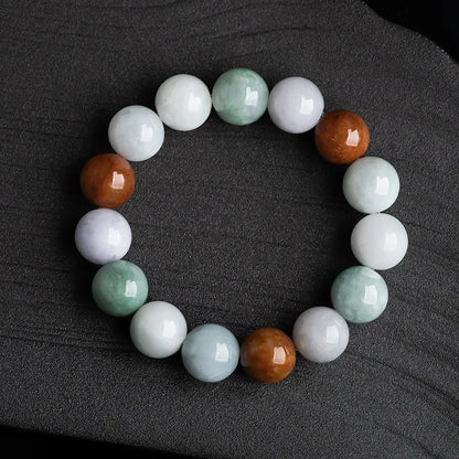 Women's natural jade bracelet with 13mm round beads showing three colours, national style design.