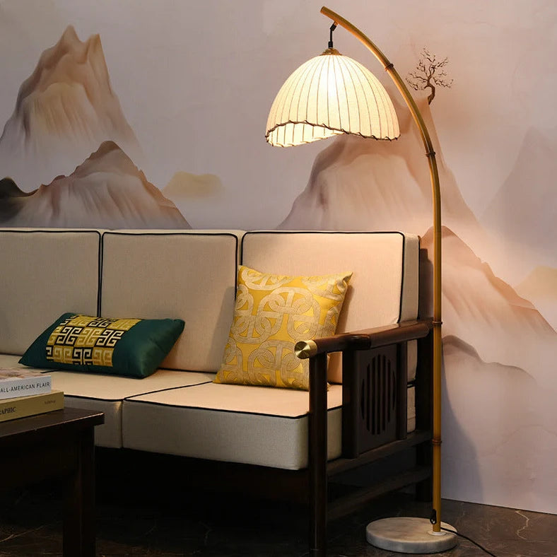 Natural bamboo floor lamp with 40cm shade and marble base, 160cm height