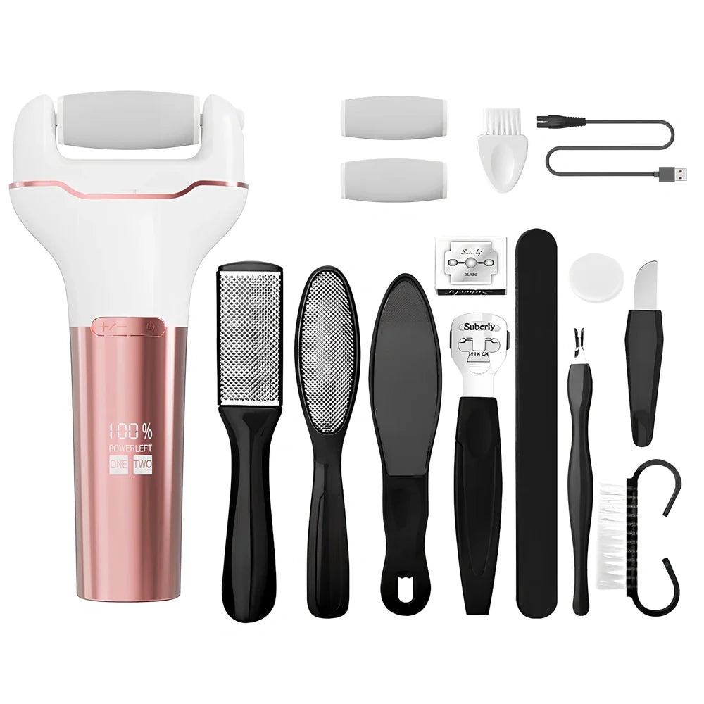 Electric foot grinder with digital display in rose pink colour, showing compact 173×80×30mm waterproof design