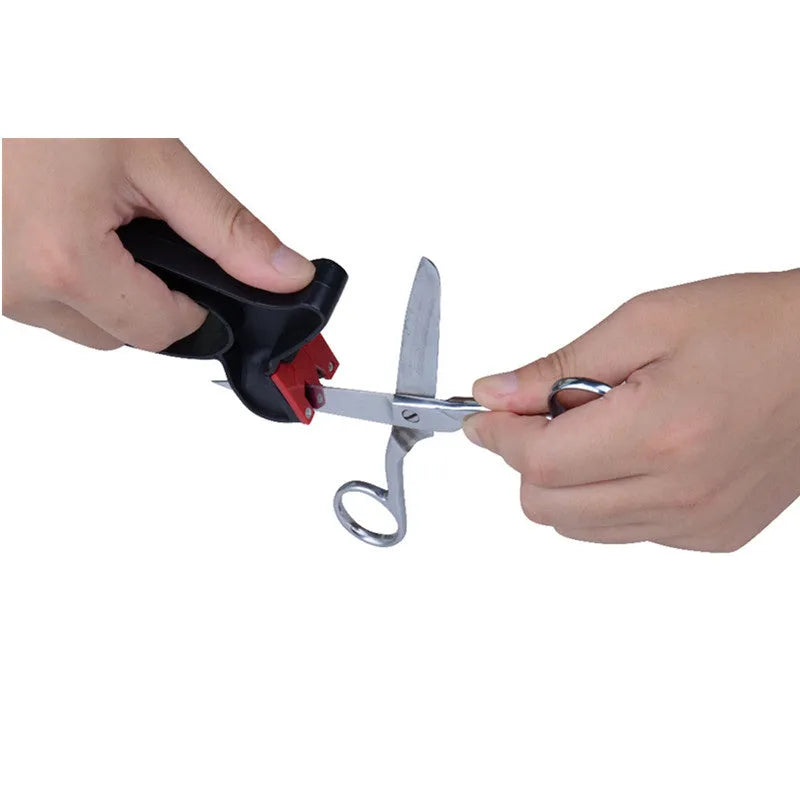 Black handheld knife and scissor sharpener tool with tungsten steel blade measuring 140mm