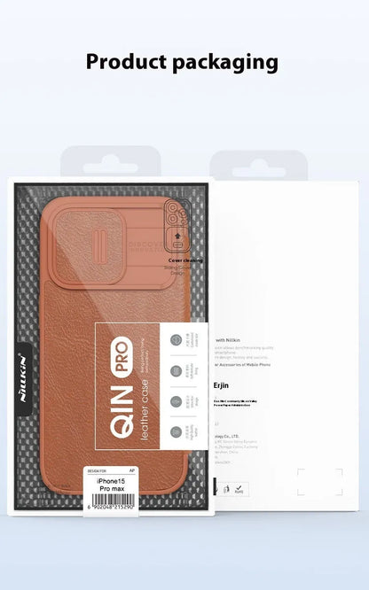 Flip-style imitation leather phone case for iPhone 14 Pro Max in black, brown, and red colour options