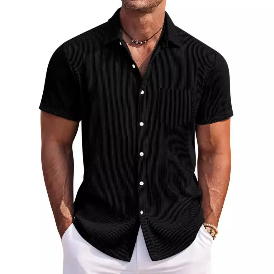 Men's solid colour loose fit short-sleeved shirt with vertical striped detail in a selection of colours.
