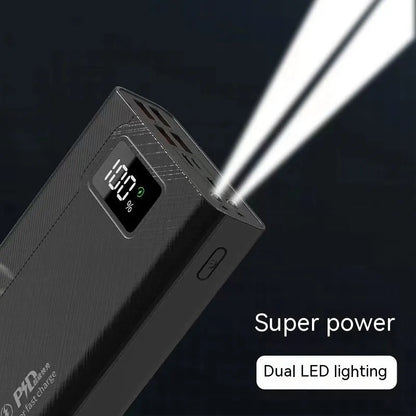 Black or white large capacity power bank showing its portable size and charging port.