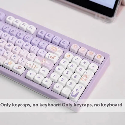 Purple gradient keycap set with rabbit artwork for mechanical keyboards, shown on a black keyboard.