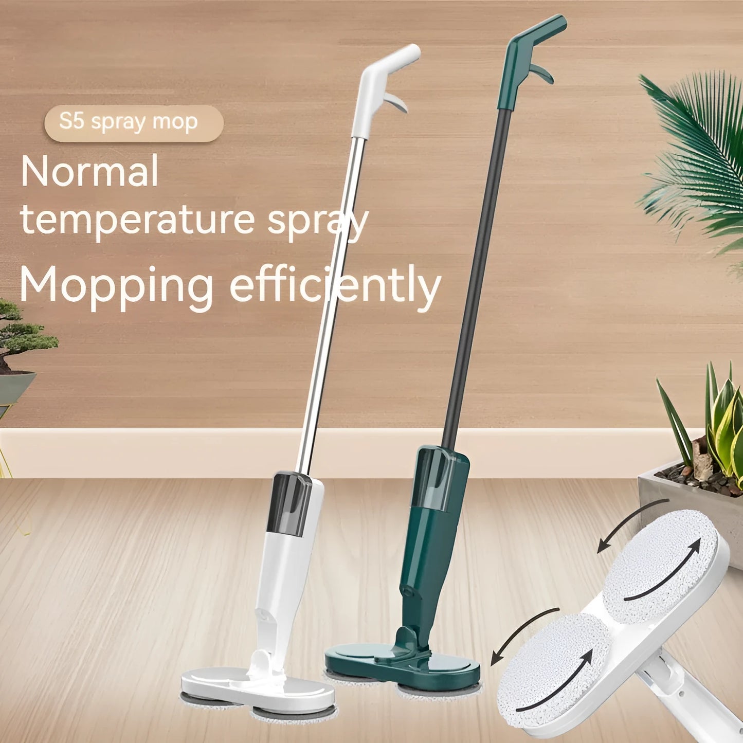 White and green cordless floor cleaning machine with sweeping brushes and water tank.