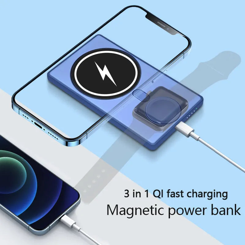 Square aluminium wireless charging power bank showing front and side views with 5000mAh capacity label
