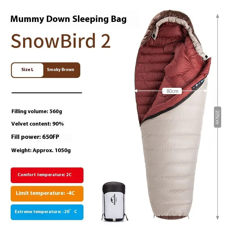 Mummy-style goose down sleeping bag with storage bag, available in 12 specifications from 350g to 1090g fill weight