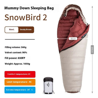 Mummy-style goose down sleeping bag with storage bag, available in 12 specifications from 350g to 1090g fill weight