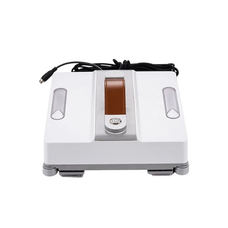 White window cleaning robot with 4 spray nozzles, dimensions 220mm x 220mm x 70mm, for automated high-rise window maintenance