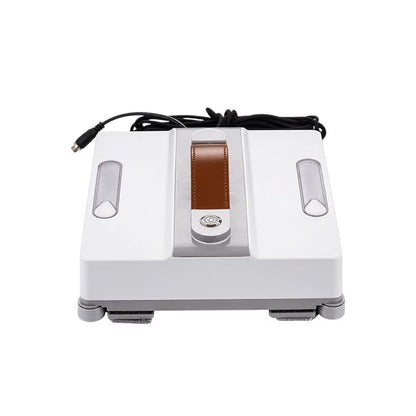 White window cleaning robot with 4 spray nozzles, dimensions 220mm x 220mm x 70mm, for automated high-rise window maintenance