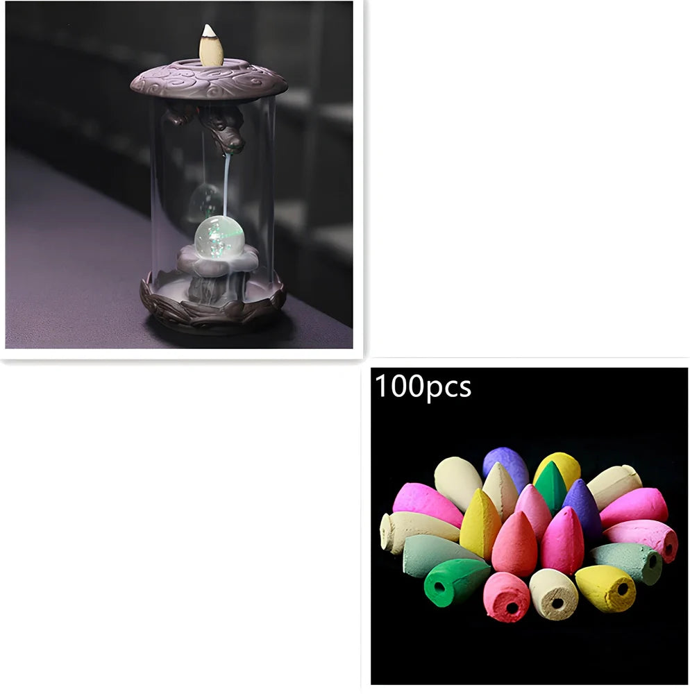 Wood flour indoor incense tower burner, 15cm tall with 8cm base and colour glaze, viewing smoke from 2.5cm cones