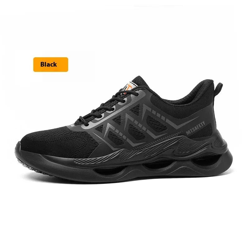 Labour protection shoes with steel toe caps and puncture-resistant soles, lightweight breathable flat knitted uppers for year-round wear in sizes 37-48 UK, front lace-up closure black safety footwear