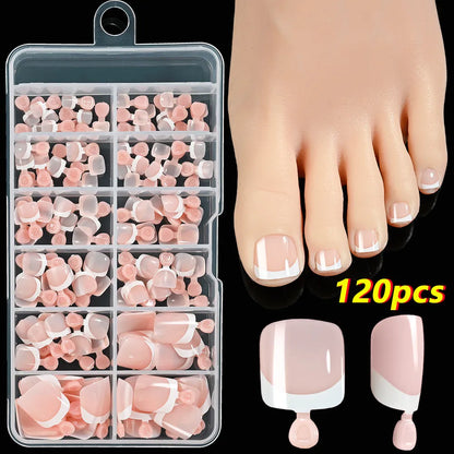 Box of 120 full square short artificial nail tips with French white edges in multiple nude shades.