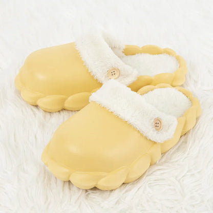 Waterproof EVA winter slippers with plush lining, detachable overshoes in pink, yellow, green, grey, black.