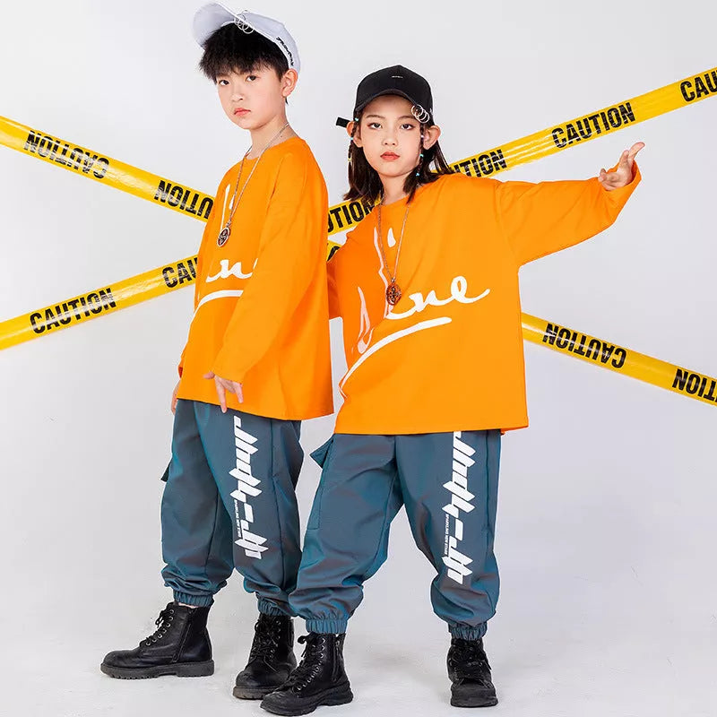 Children's hip-hop performance wear in 100% cotton, available in multiple colors and sizes