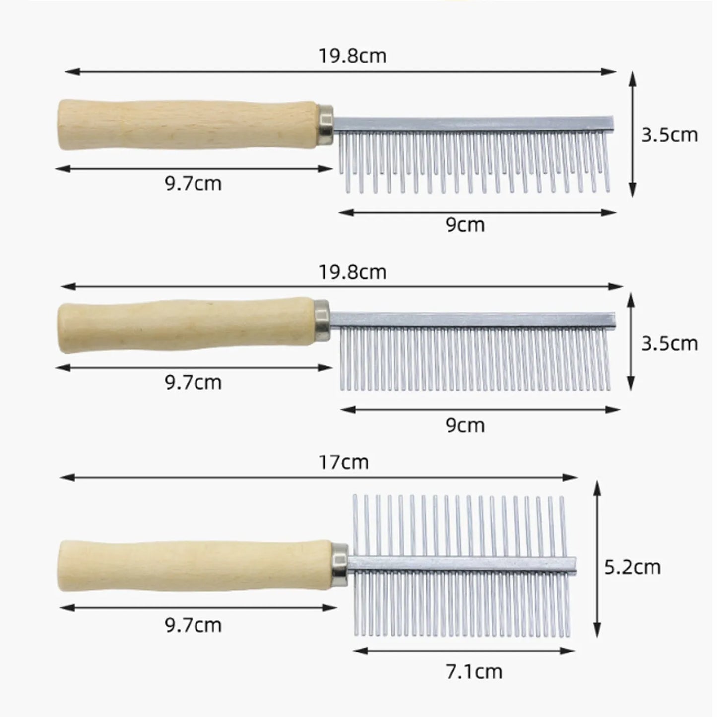 Wooden handle pet grooming comb with rounded needles for dogs and cats on a neutral background
