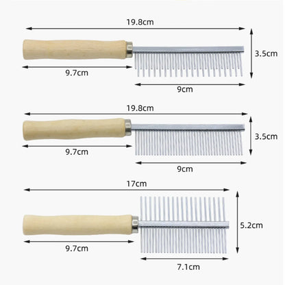 Wooden handle pet grooming comb with rounded needles for dogs and cats on a neutral background