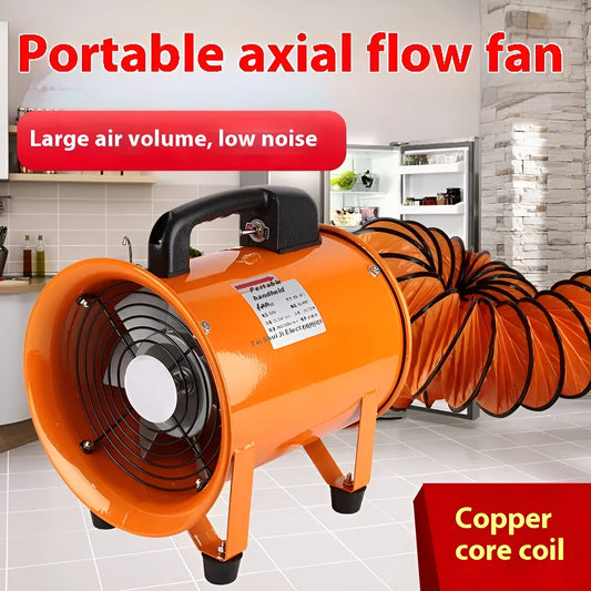 Portable 8-inch industrial axial flow fan with titanium steel blades and a connected 5-metre duct.