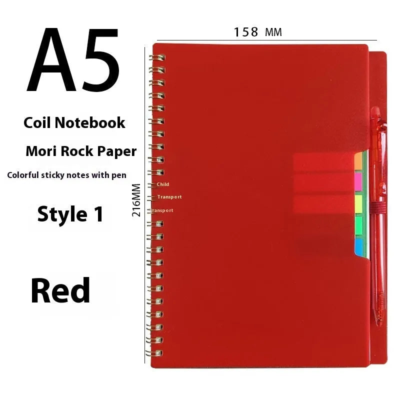 Coil-bound erasable notebook with stone paper pages and multiple cover colour options