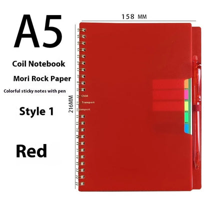 Coil-bound erasable notebook with stone paper pages and multiple cover colour options