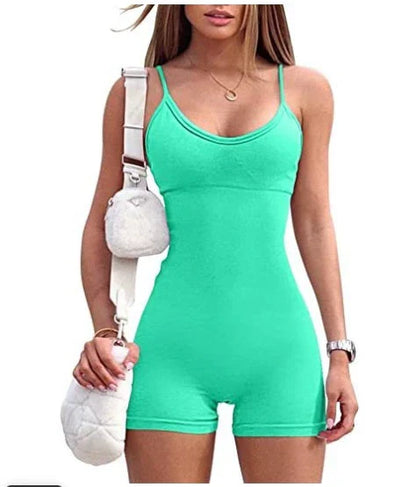 Stylish spaghetti strap jumpsuit in various vibrant colors, perfect for yoga, workouts, and everyday wear.
