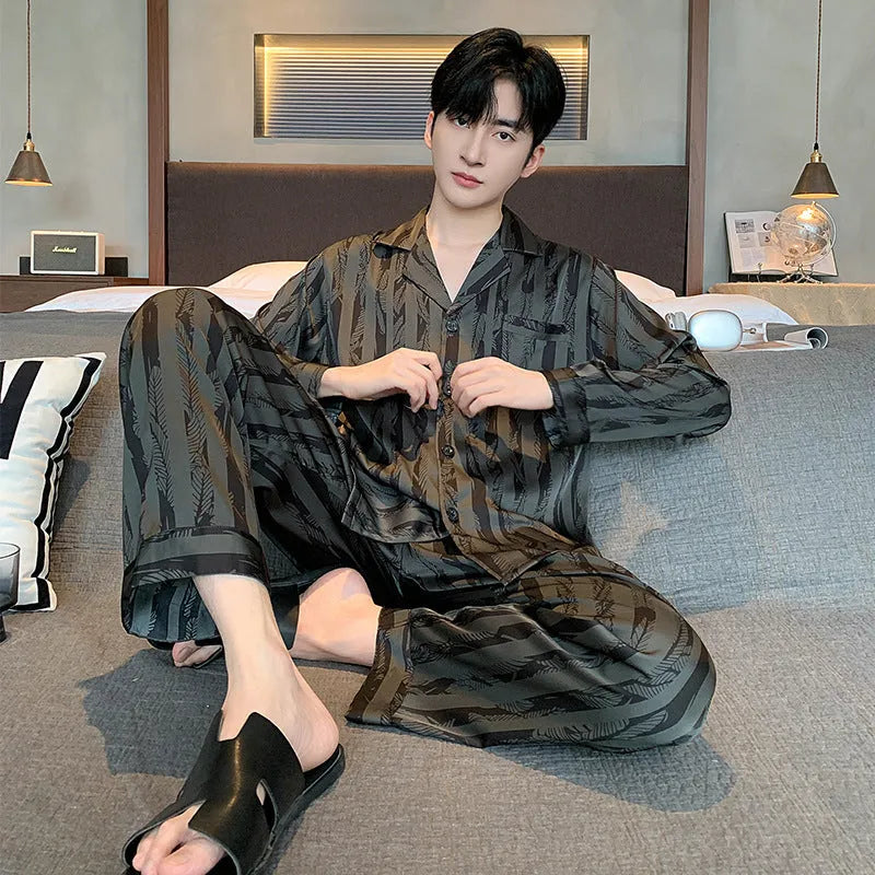 Men's Ice Silk Pyjama Two-Piece Set in Thin Long Sleeve Trousers and V-Neck Top for Summer Sleepwear, Home Wear, and Outdoor Loungewear