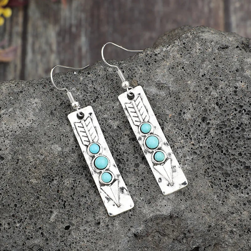 Silver geometric long strip earrings with turquoise inlay, zinc alloy retro style jewellery for women.