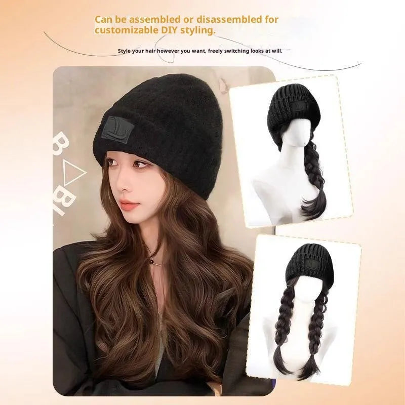Hat wig with big wave curly hair in cold brown or brown black, full-head design for women, medium to long length