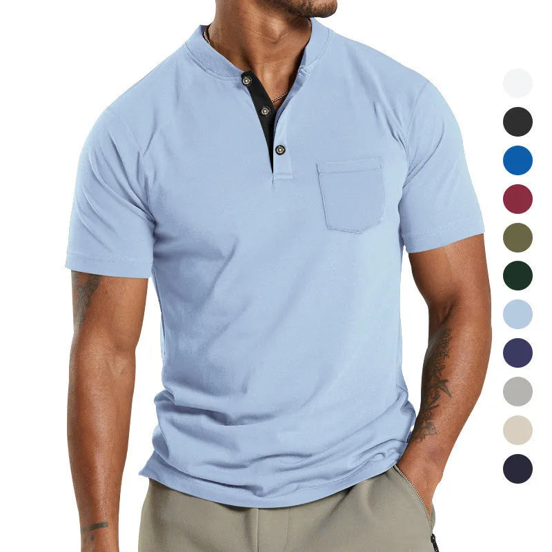 A man wearing a plus size solid colour short sleeve polyester shirt with a button chest pocket.