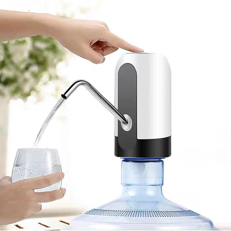 Cordless electric water bottle pump with USB charging, automatic suction, and wide bottle compatibility