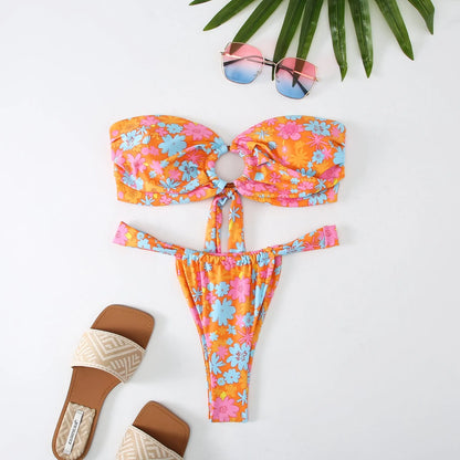 Women's floral print tube top ring bikini swimsuit with high elasticity for swimming and fitness activities