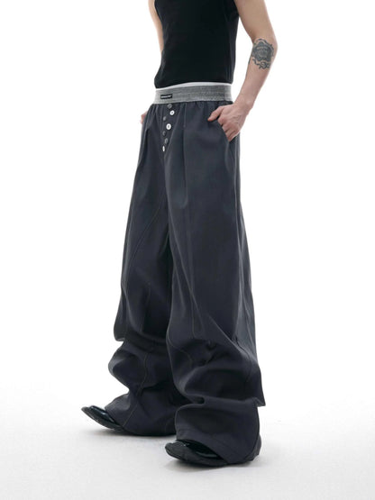 Drooping straight suit pants in black or grey with high waist and button open line design, straight-leg cut