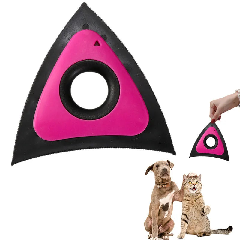Triangular ABS pet hair remover brush in red, green or orange with bow-shaped handle and three gear densities