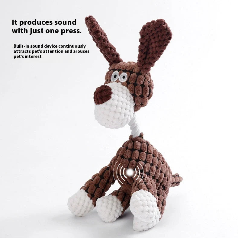 Bite-resistant puppy plush toy with relieving molar design in multiple animal styles including donkey and duck variations