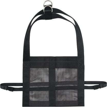 Black ripstop nylon animal weighing sling with adjustable handles for calves and large dogs