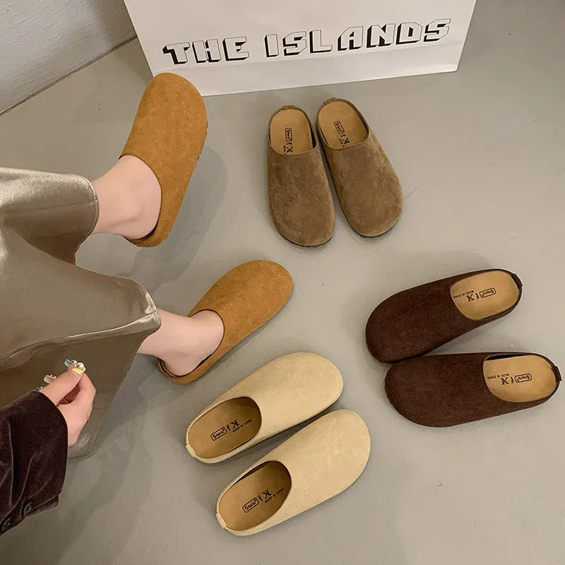 Korean style square-toe summer slippers in soft microfiber, slip-on design with PU sole