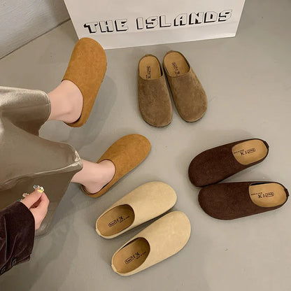 Korean style square-toe summer slippers in soft microfiber, slip-on design with PU sole
