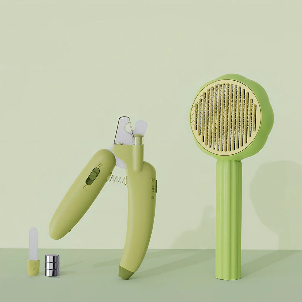 Sunflower design pet comb with stainless steel needles and one-click hair removal button