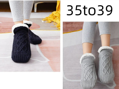 Winter woolen socks with V-opening design and anti-slip dots on soles in navy blue colour