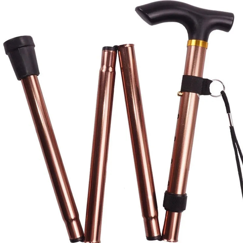 Aluminium alloy folding cane extended to 95 cm with non-slip rubber tip, showing adjustable height mechanism