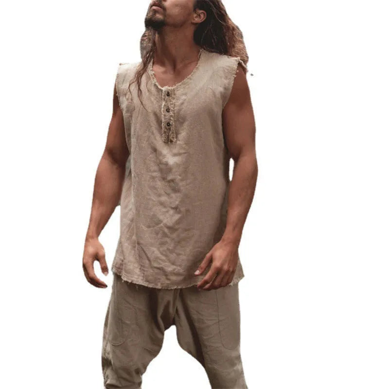 Men's loose linen vest in solid colour with round hem and sleeveless casual design, sizes S to XXXL