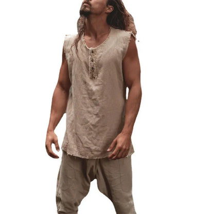 Men's loose linen vest in solid colour with round hem and sleeveless casual design, sizes S to XXXL